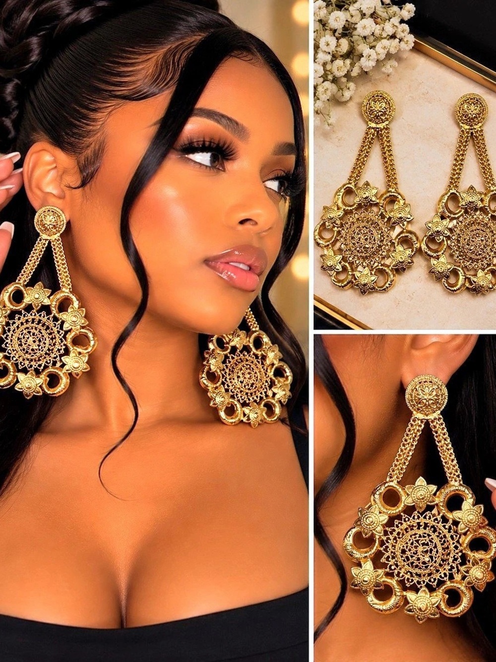 Gold Ornate Drop Earrings Like New